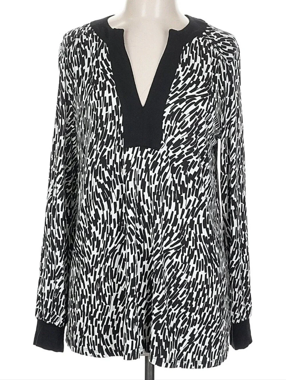 Michael Kors Black & White Abstract Print V-Neck Blouse, Large